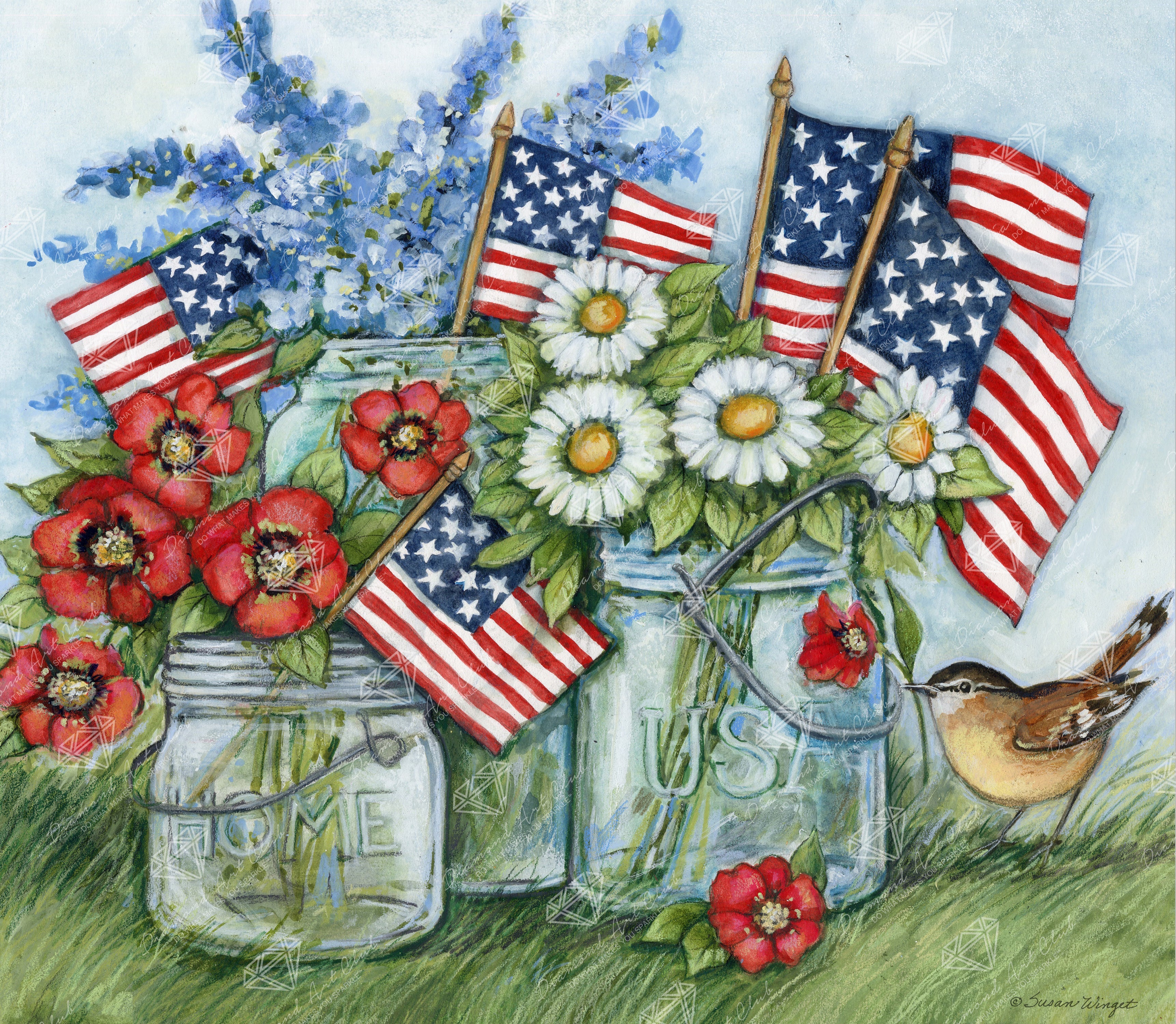 Patriotic Jars with Flowers and Flags